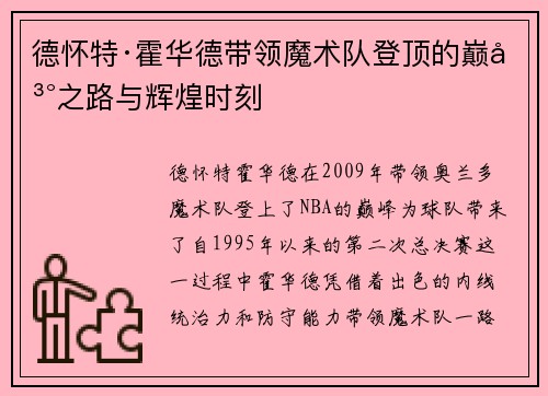 德怀特·霍华德带领魔术队登顶的巅峰之路与辉煌时刻